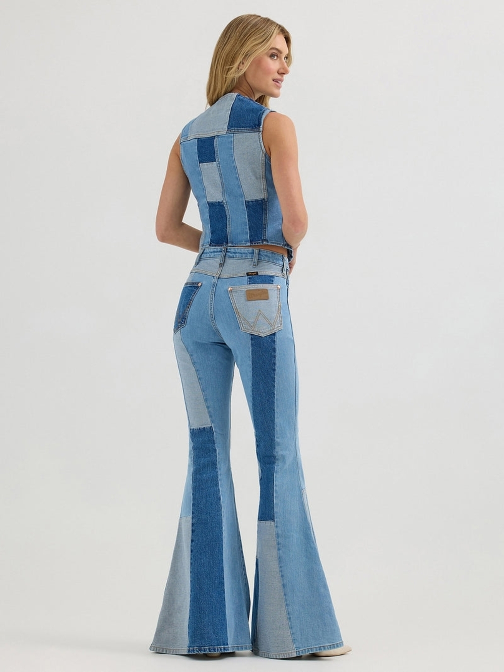 Wrangler x Lainey Wilson Patchwork Bell Bottoms Two-Tone Blue Flare Jeans